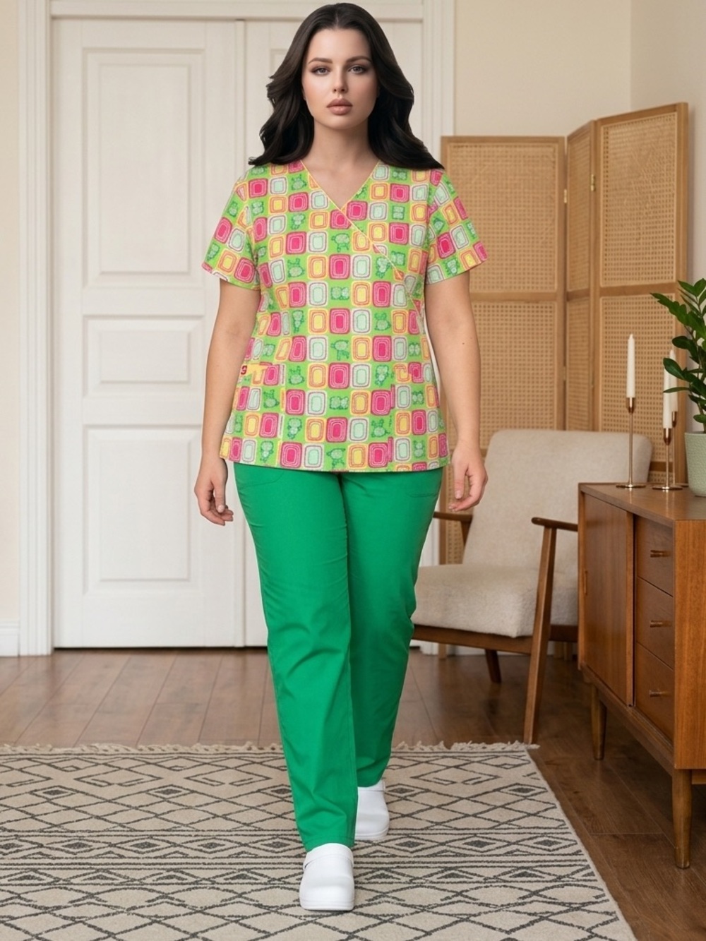Dickies Colorful Geometric & Frog Print Scrub Top - Pink, Green, Yellow